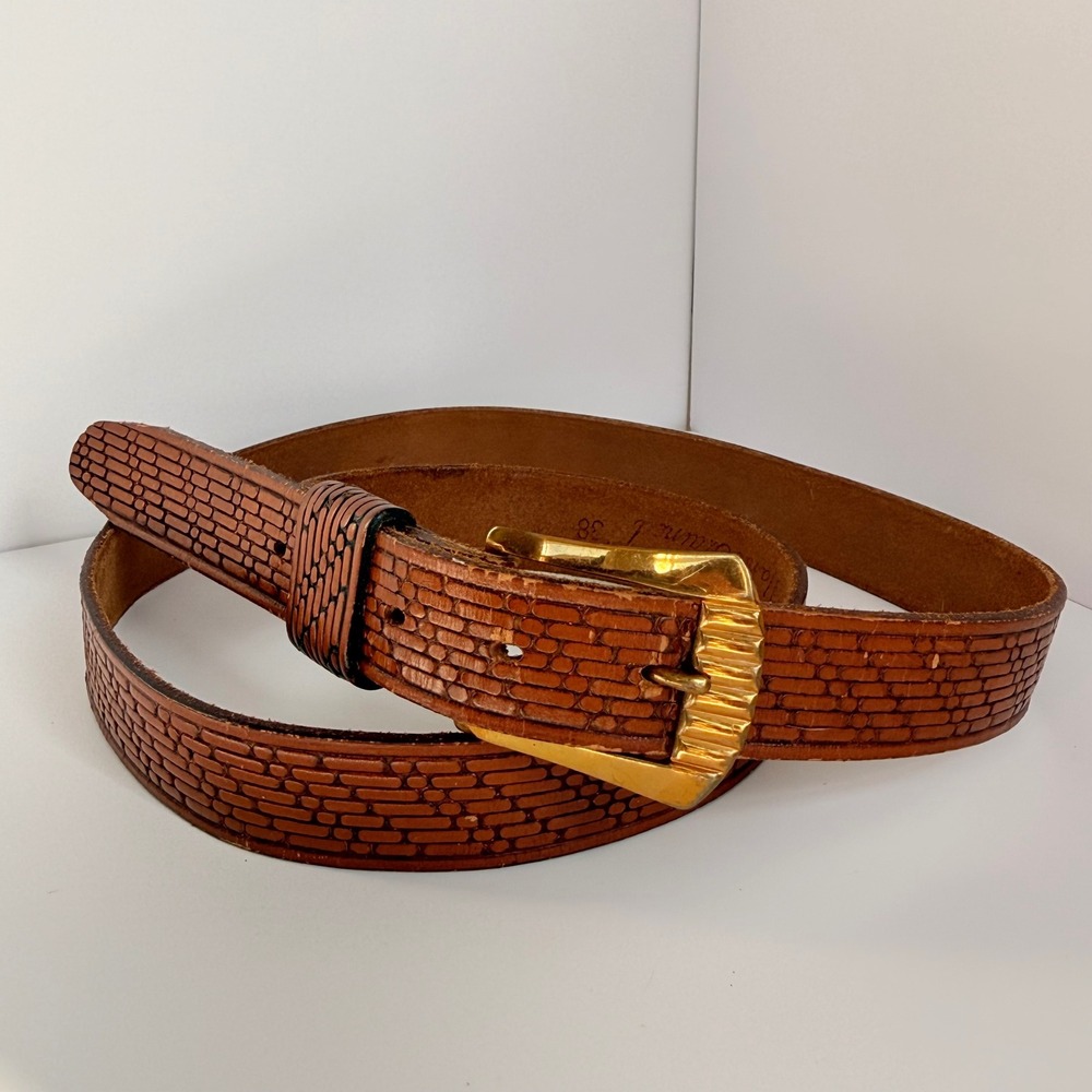 Pioneer Cowhide Hand Stained Leather Belt Brown Embossed Brick Pattern retro 38